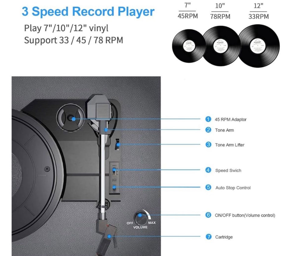 DANFI AUDIO DF Record Player Bluetooth Turntable with Built-in Speaker, USB Recording Audio Music Vintage Portable Turntable for Vinyl Records 3 Speed