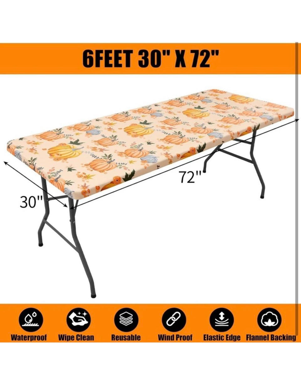 New Smiry Plastic Thanksgiving Tablecloth, Pumpkin Waterproof Elastic Fitted