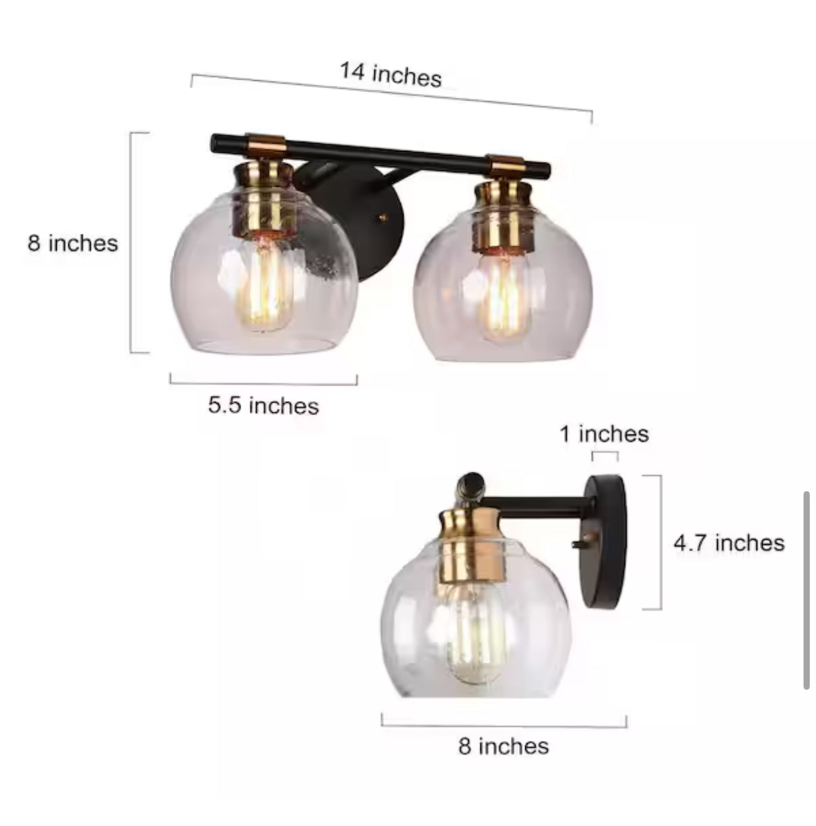 Zevni 14 in. 2-Light Modern Black Bathroom Vanity Light, Rustic Vintage Brass Vanity Light, Globe Seeded Glass Wall Sconce