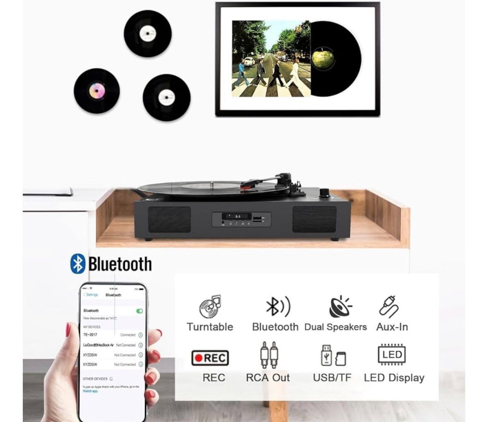 DANFI AUDIO DF Record Player Bluetooth Turntable with Built-in Speaker, USB Recording Audio Music Vintage Portable Turntable for Vinyl Records 3 Speed