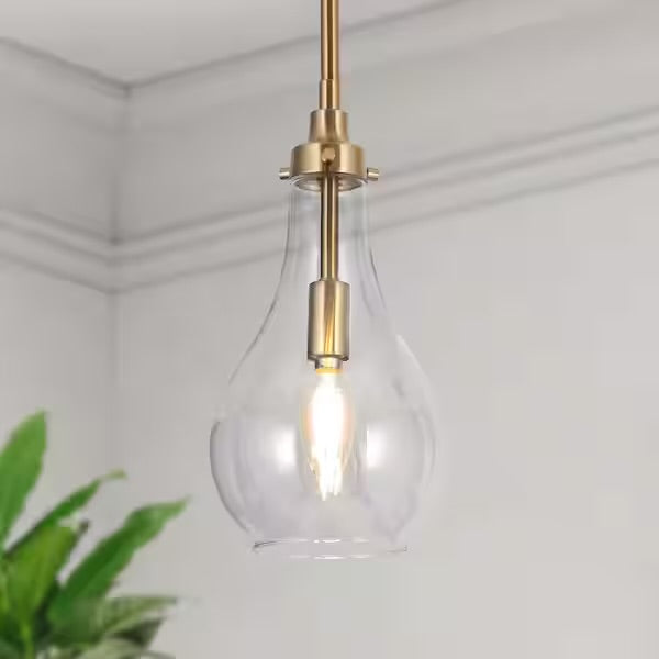 Open Box Uolfin Modern Kitchen Island Teardrop Pendant Light 1-Light Brass Gold Dome Hanging Pendant Light with Clear Glass Shade