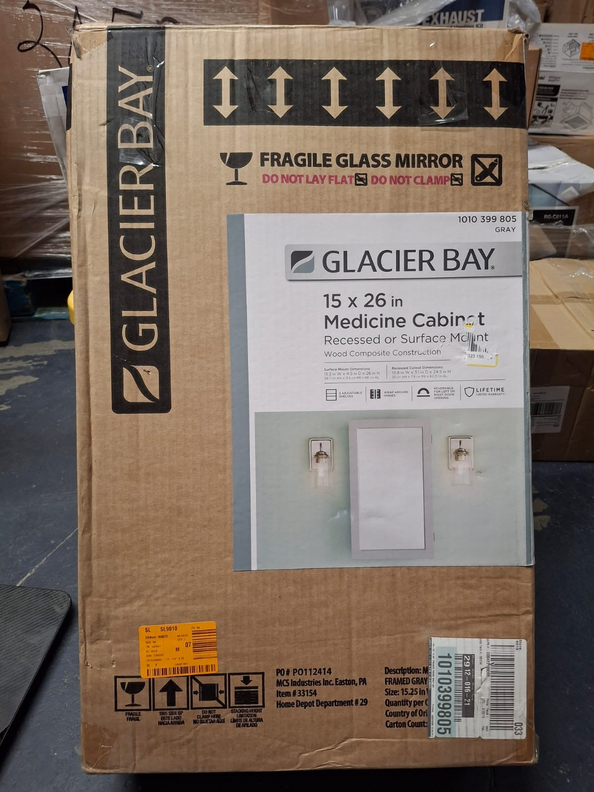 Open Box Glacier Bay 15-1/4 in. W x 26 in. H Framed Recessed or Surface-Mount Bathroom Medicine Cabinet with Mirror, Gray