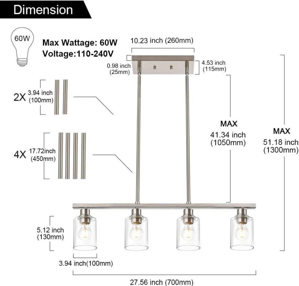 VINLUZ 4 Light Kitchen Island Hanging Lights Industrial Brushed Nickel Dining Room Light Fixture with Clear Glass Shade Farmhouse Chandelier for Livin - Selzalot