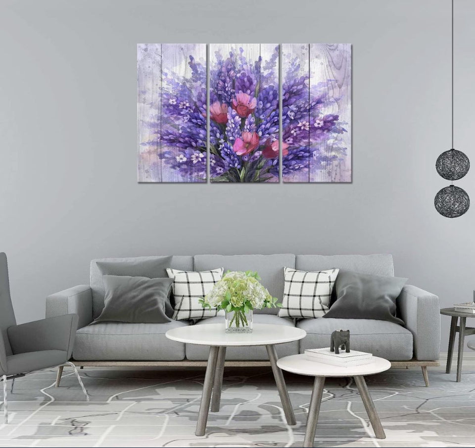 Open Box New Flower Wall Art,3 Piece Purple Lavender on the Wood Grain Background Canvas Print Nature Lilac Wall Art for Living Room Bedroom Wall Pain