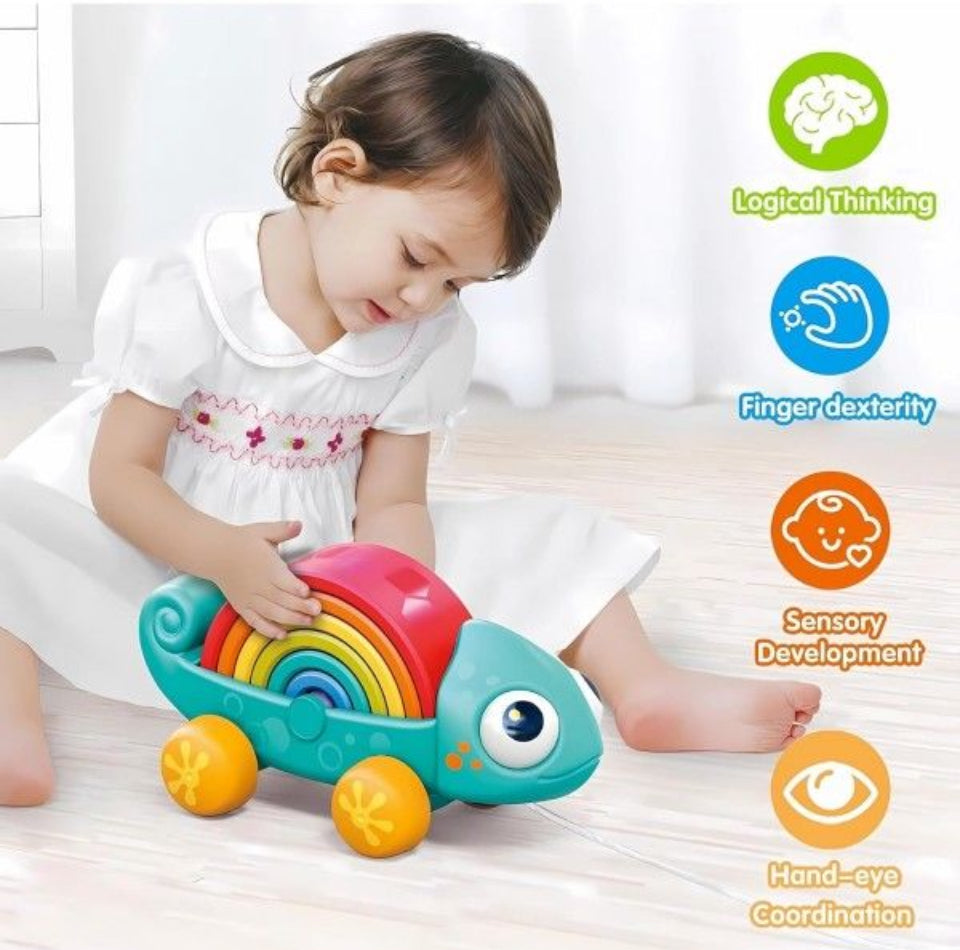 Brand New Choiqua Rainbow Chameleon Stacking Toy, Ages 18 Months - 3 Years, Montessori Learning Push and Pull Toy