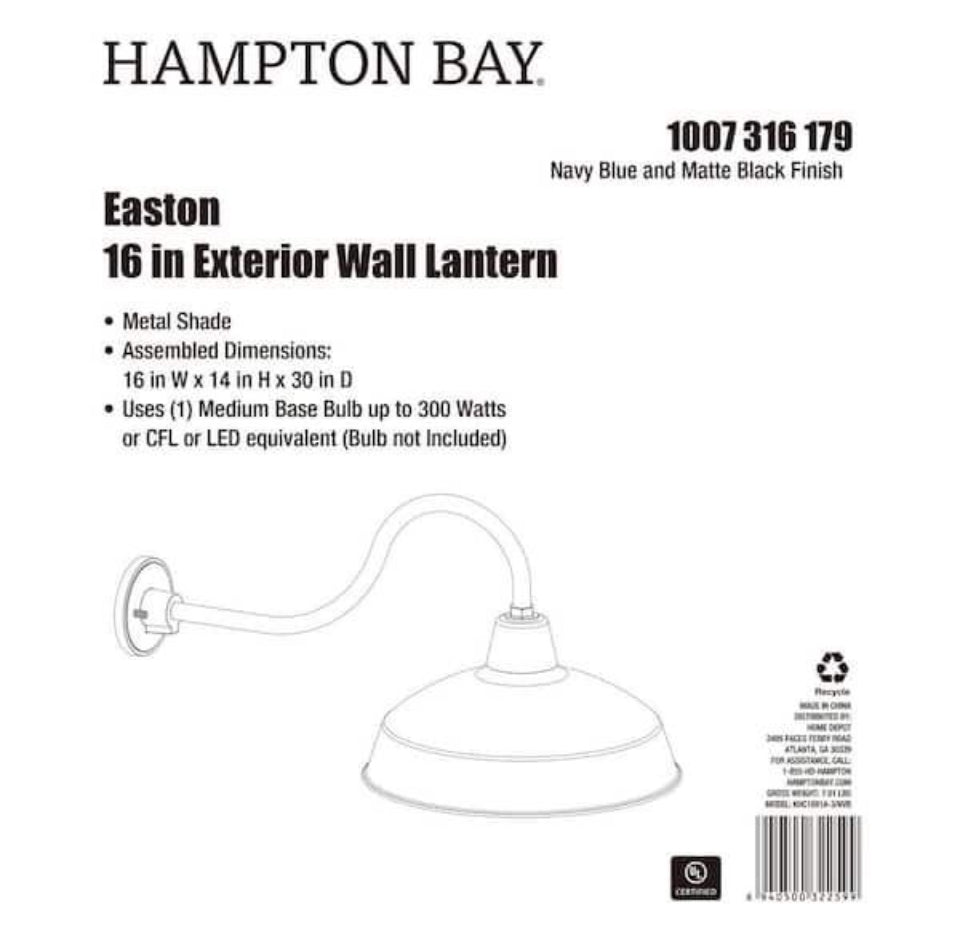Open Box New hampton bay Easton 14 in. 1-Light Navy Blue Barn Outdoor Wall Light Lantern Sconce with Steel Shade