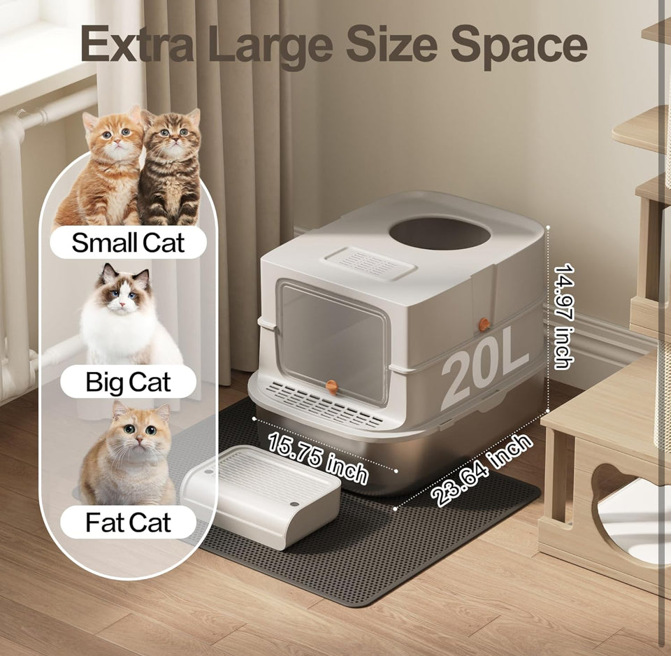 Open Box JALOVE Stainless Steel Litter Box with Lid, XL Extra Large Enclosed Metal Cat Litter Boxes for All Cats,Top Entry Kitty Litter Box with Scoop