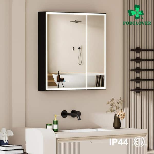 Open Box FORCLOVER 30 in. W x 30 in. H Rectangular Black Aluminum Recessed/Surface Mount LED Medicine Cabinet with Mirror,Outlet,Soft Close