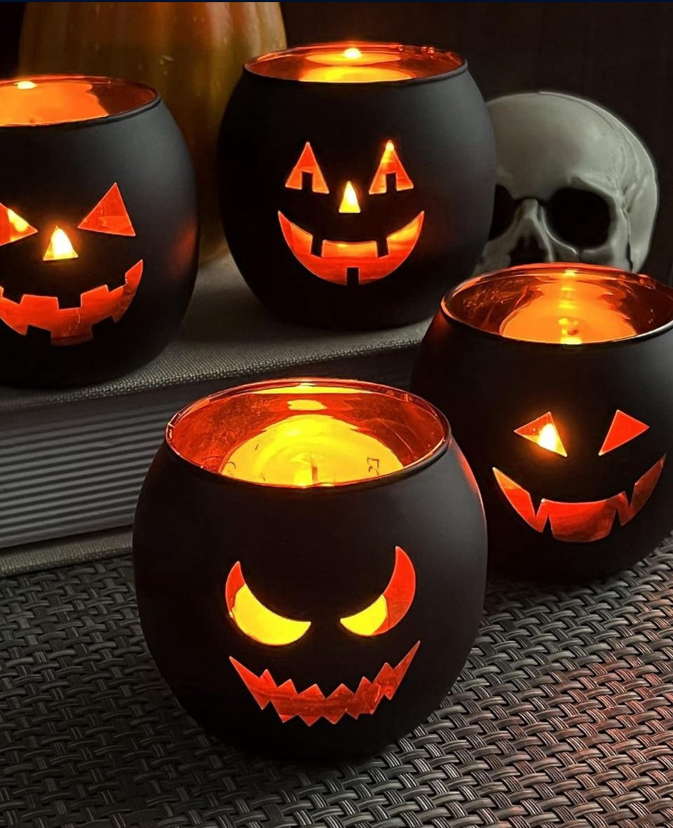 Open Box New SHMILMH Halloween Table Decor Set of 6, Jack O Lanterns Black Glass Votive Tealight Candle Holders, Halloween Decorations Indoor Party Ma