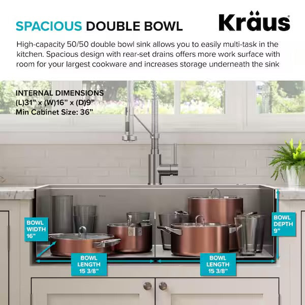 Open Box KRAUS Loften 33 in. Drop-In/Undermount Double Bowl 18 Gauge Stainless Steel Kitchen Workstation Sink with Accessories