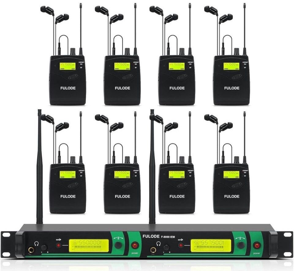 UHF Wireless in Ear Monitor System with 2 channel receiver and 8 bodypacks for stage and studio monitoring