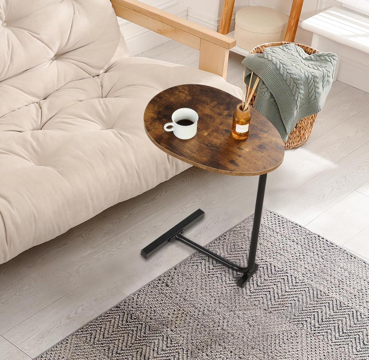 C-Shaped End Table, Round Couch Table for Living Room, Side Table for Bedroom, C Table with Metal Frame for Couch, Sofa, Bedside and Tv Tray, Rustic B