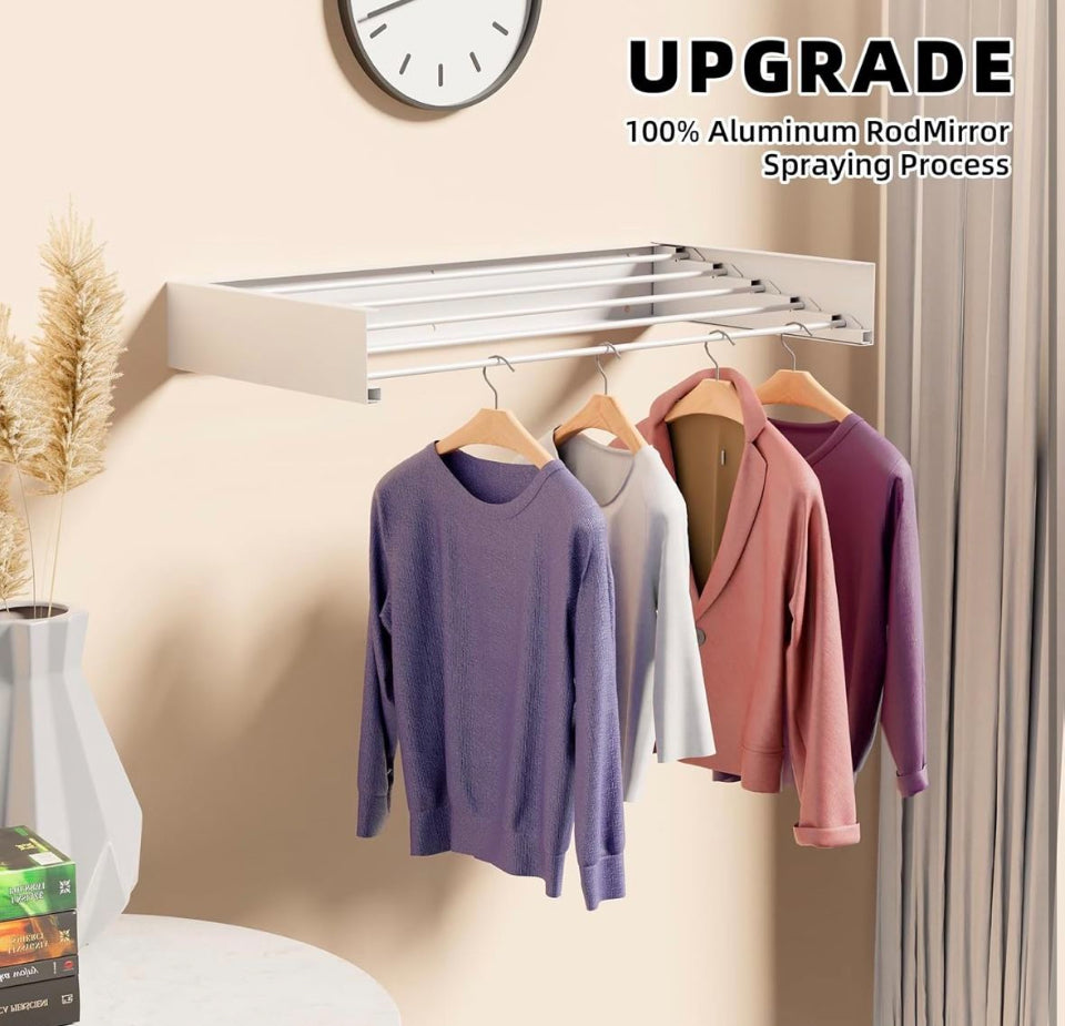 Open box ZMBESUP Laundry Drying Rack Collapsible, Wall Mounted, Clothes Drying Rack, 31.5" Wide, 13.2 Linear Ft, 5 Aluminum Rods, 60 lb Capacity, Laun