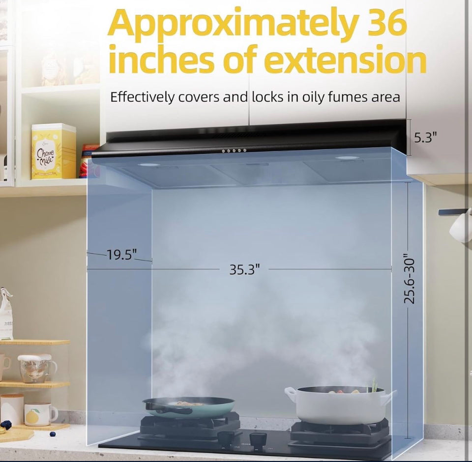 Open Box FIREGAS 36 Inch Black Under Cabinet Range Hood, 200 CFM Ducted/Ductless Convertible Kitchen Hood with 3-Speed Stove Vent Fan, LED Lights, Alu