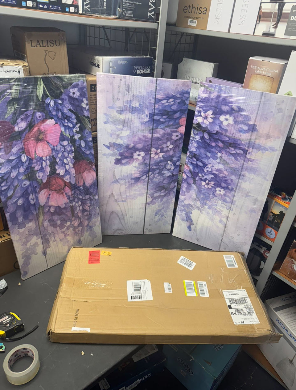 Open Box New Flower Wall Art,3 Piece Purple Lavender on the Wood Grain Background Canvas Print Nature Lilac Wall Art for Living Room Bedroom Wall Pain