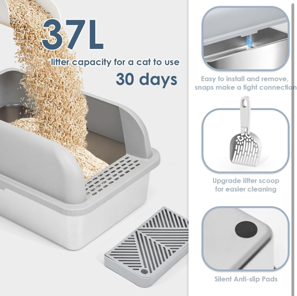 Suzzipaws Enclosed Stainless Steel Cat Litter Box with Lid Extra Large Litter Box for Big Cats XL Metal Litter Pan Tray with High Wall Sides Enclosure - Selzalot