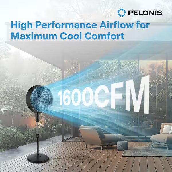 Open Box Pelonis 18 in. 3 Speeds Outdoor Misting Pedestal Fan in Black with 80° Oscillation 1600 CFM for up to 500 sq. ft