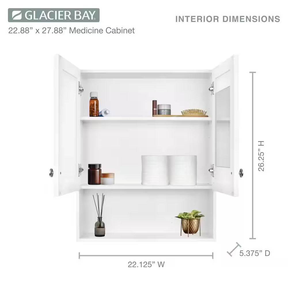 Open Box Glacier Bay 22-7/8 in. W. x 27-7/8 in. H Framed Surface-Mount Rectangular Bathroom Medicine Cabinet with Mirror, White