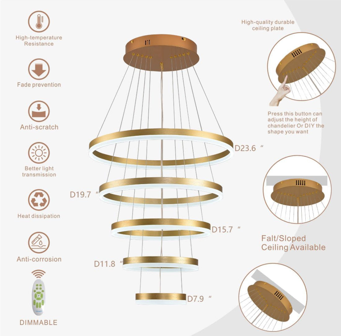 Modern Gold Chandelier 5 Rings Chandelier Dimmable Modern LED Pendant Light, LED Chandelier Lighting Fixture Height Adjustable Ceiling Hanging Modern