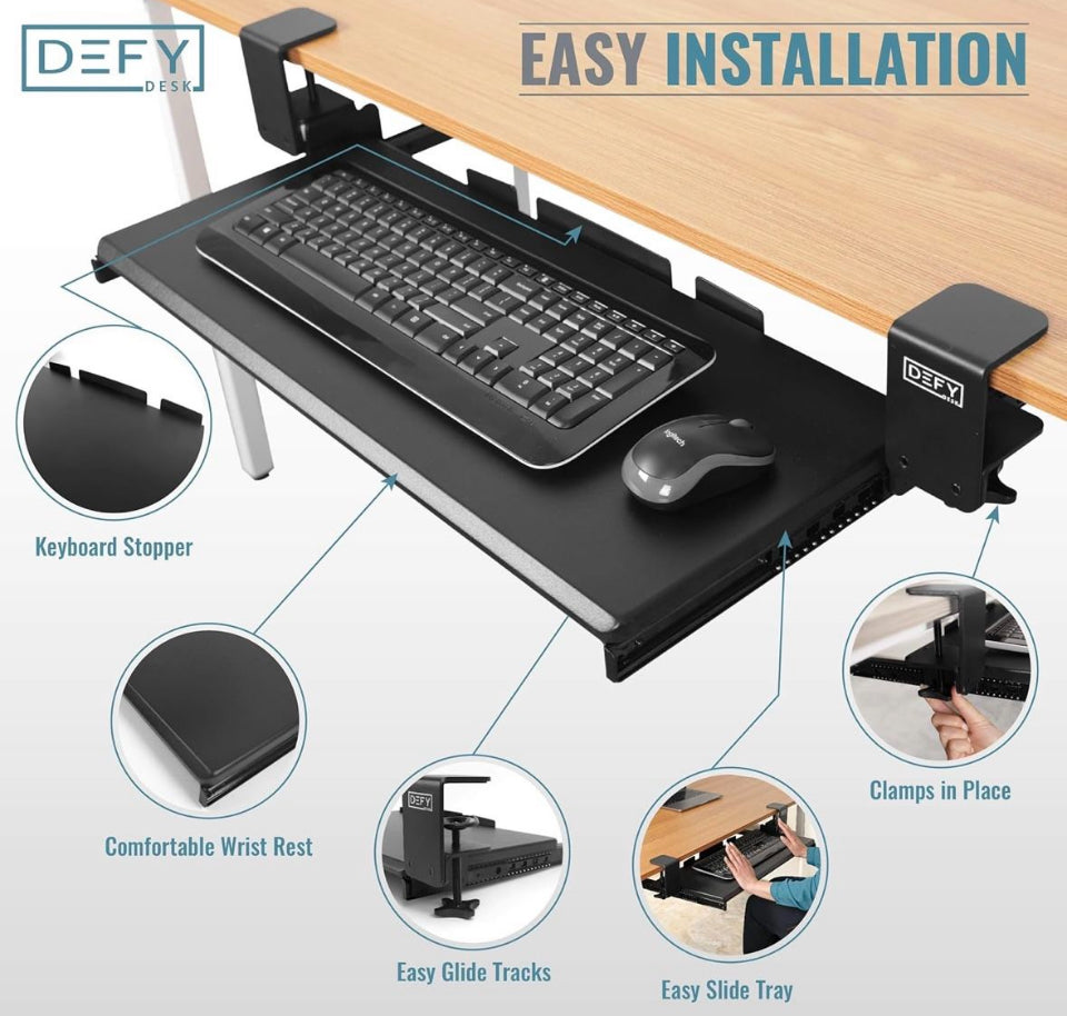 Open box DEFY DESK Clamp On Keyboardl Tray Under Desk Storage - Ergonomic Desk Drawer Computer Keyboard Stand Under Desk Drawer - Under Desk Keyboard