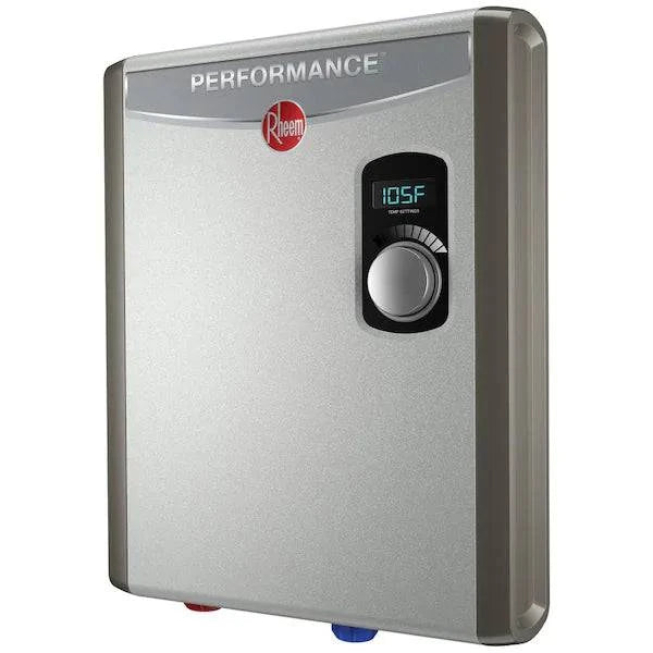 RHEEM Performance 18 kW electric tankless water heater with digital temperature control and compact design