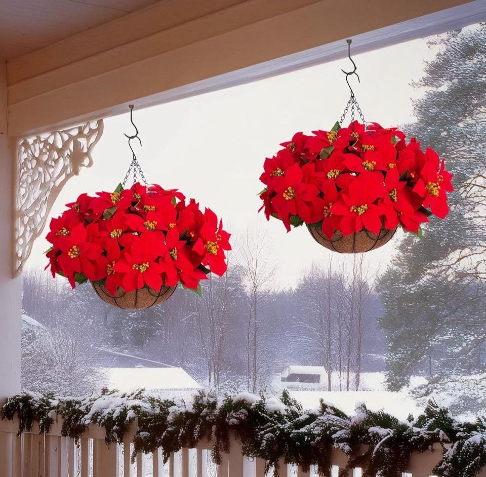Open Box Ammyoo Artificial Christmas Poinsettia Flowers Hanging Basket for Outdoor Decoration, Fake Silk Christmas Flowers Plant Pot Planter for Garde