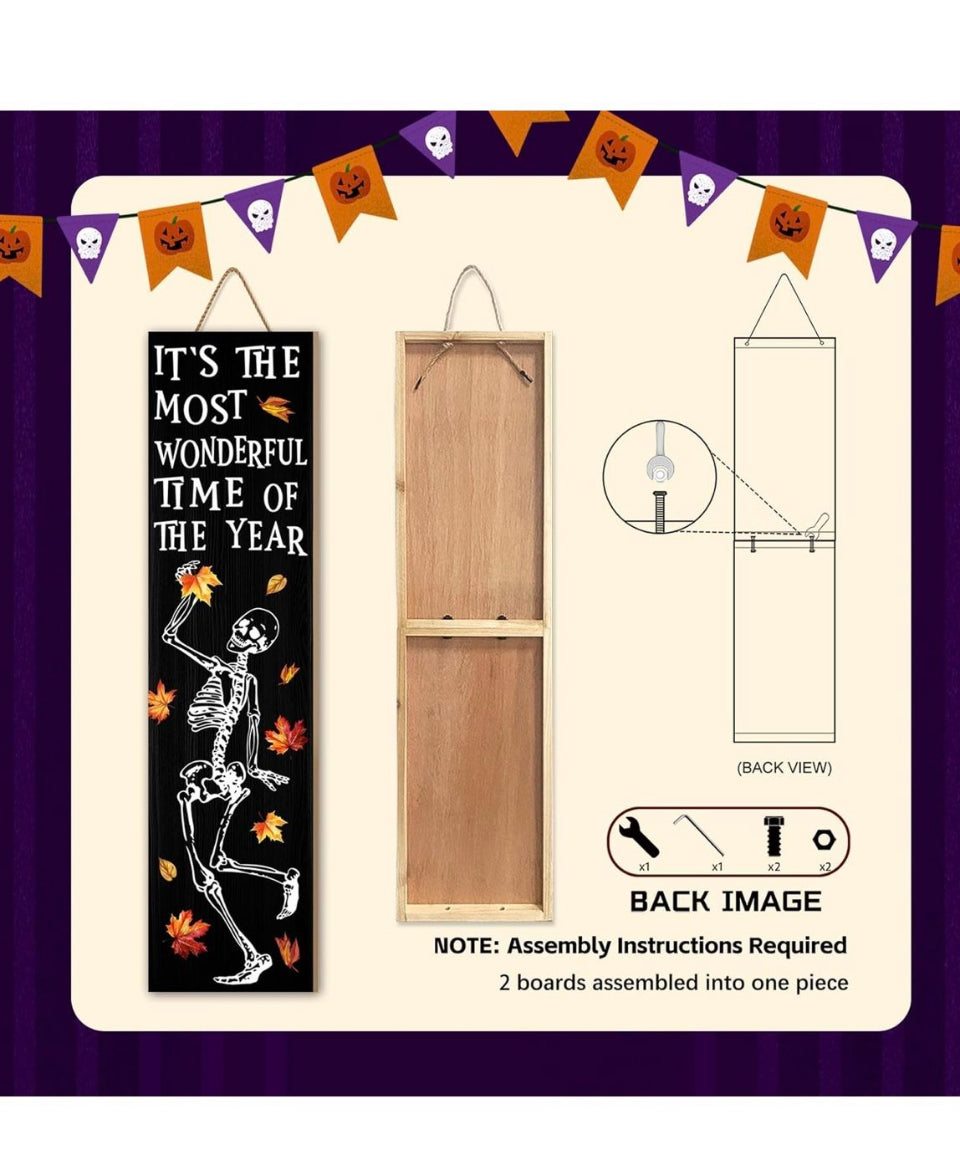 Open Box New "WUAHON Halloween Porch Sign - Decorative Skull Decor Hanging Wooden Welcome Sign for Fall Maple leaf Skull Standing Hanging Home Front D