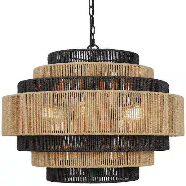 Open Box Prime Ray Luster Boho 24 in. 6-Light 7-Tier Hand Woven Rattan Pendant Chandelier Light with Large Shade and Black Finish
