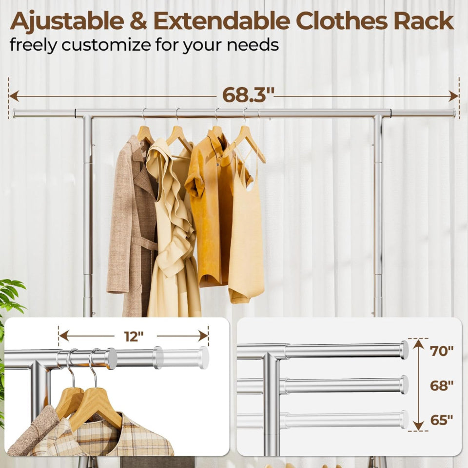 Open Box HYSEYY Heavy Duty Clothes Rack Load 450 LBS, Metal Garment Rack, Standing Rolling Clothing Rack for Hanging Clothes with Sturdy Wheels & Shel