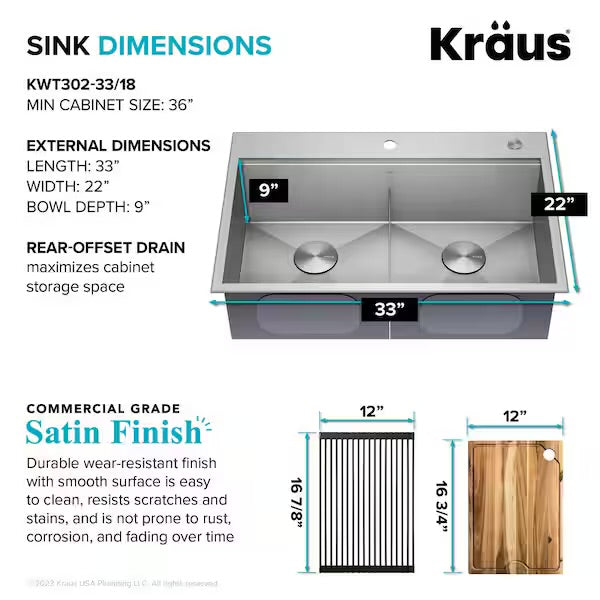 Open Box KRAUS Loften 33 in. Drop-In/Undermount Double Bowl 18 Gauge Stainless Steel Kitchen Workstation Sink with Accessories