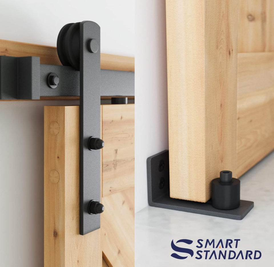 SMARTSTANDARD 10 FT Heavy Duty Sturdy Sliding Barn Door Hardware Kit, Black, (Whole Set includes 1x Pull Handle Set & 1x Floor Guide) Fit 60" Wide Door - Selzalot