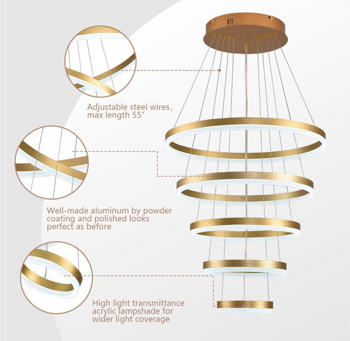 Modern Gold Chandelier 5 Rings Chandelier Dimmable Modern LED Pendant Light, LED Chandelier Lighting Fixture Height Adjustable Ceiling Hanging Modern