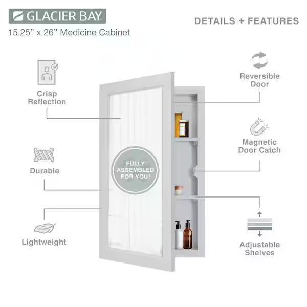 Open Box Glacier Bay 15-1/4 in. W x 26 in. H Framed Recessed or Surface-Mount Bathroom Medicine Cabinet with Mirror, Gray
