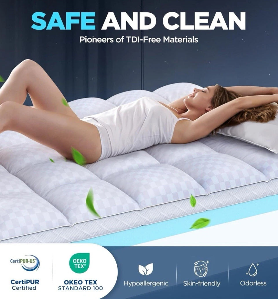 Open Box Dual Layer Memory Foam Mattress Topper for Pain Relief with 2X Support, 2" Fluffy Pillow Top Queen Mattress Topper Plus 2" Odor-Free Cooling