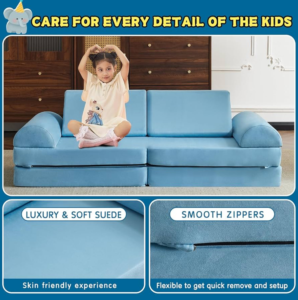 jela Kids Couch Large, Floor Sofa Modular Funiture for Kids Adults, Playhouse Play Set for Toddlers Babies, Modular Foam Play Couch Indoor