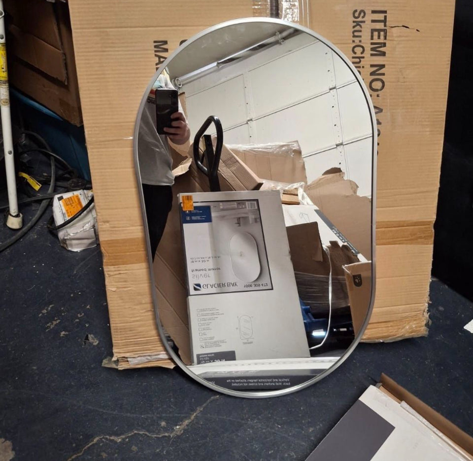 Open Box Glacier Bay 18 in. W x 30 in. H Aluminum Oval Shape Framed Wall Bathroom Vanity Mirror in Silver (Screws Not Included)