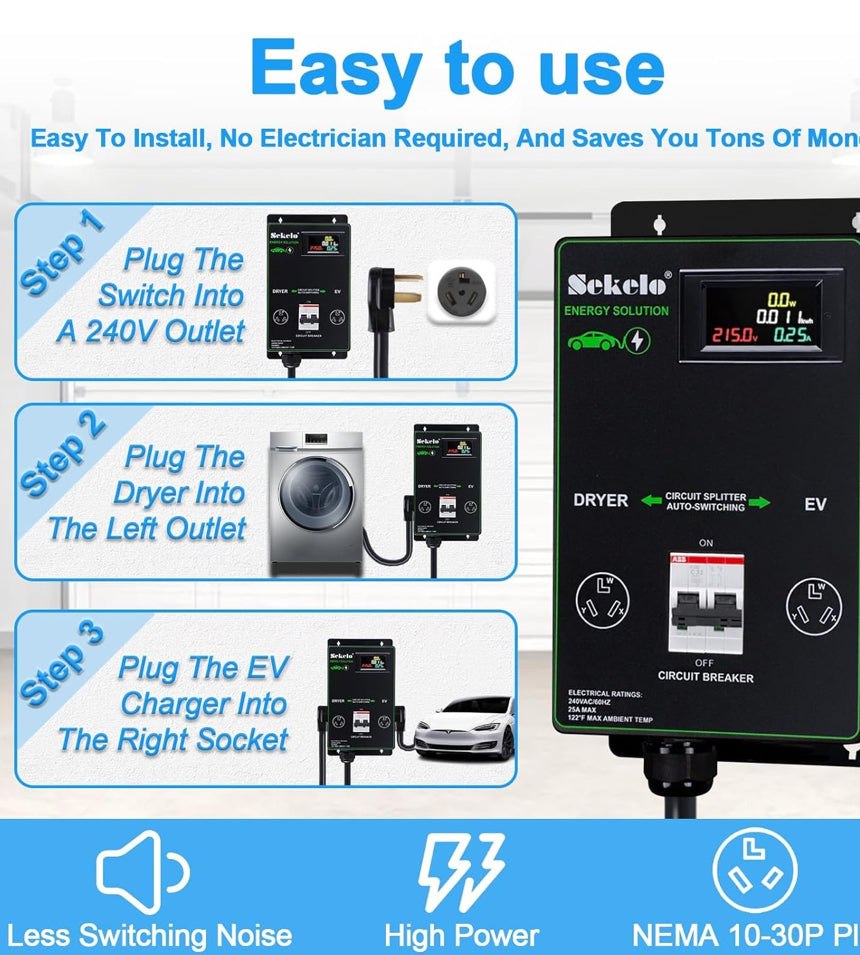 Open Box Sekelo Smart EV Charging Integration: Sekelo Automatic Power Switch for Dryer & EV, NEMA 10-30, Fast Charging, Realtime Display