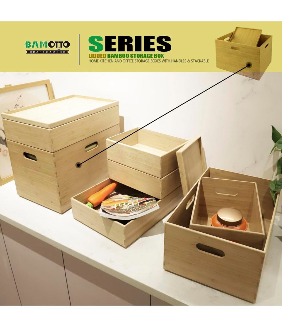 Open Box New BAMOTTO Lidded Bamboo Storage Bins & Box/Cube/Basket, Home Kitchen and Office Storage Boxes with Handles & Stackable for Organizer Table