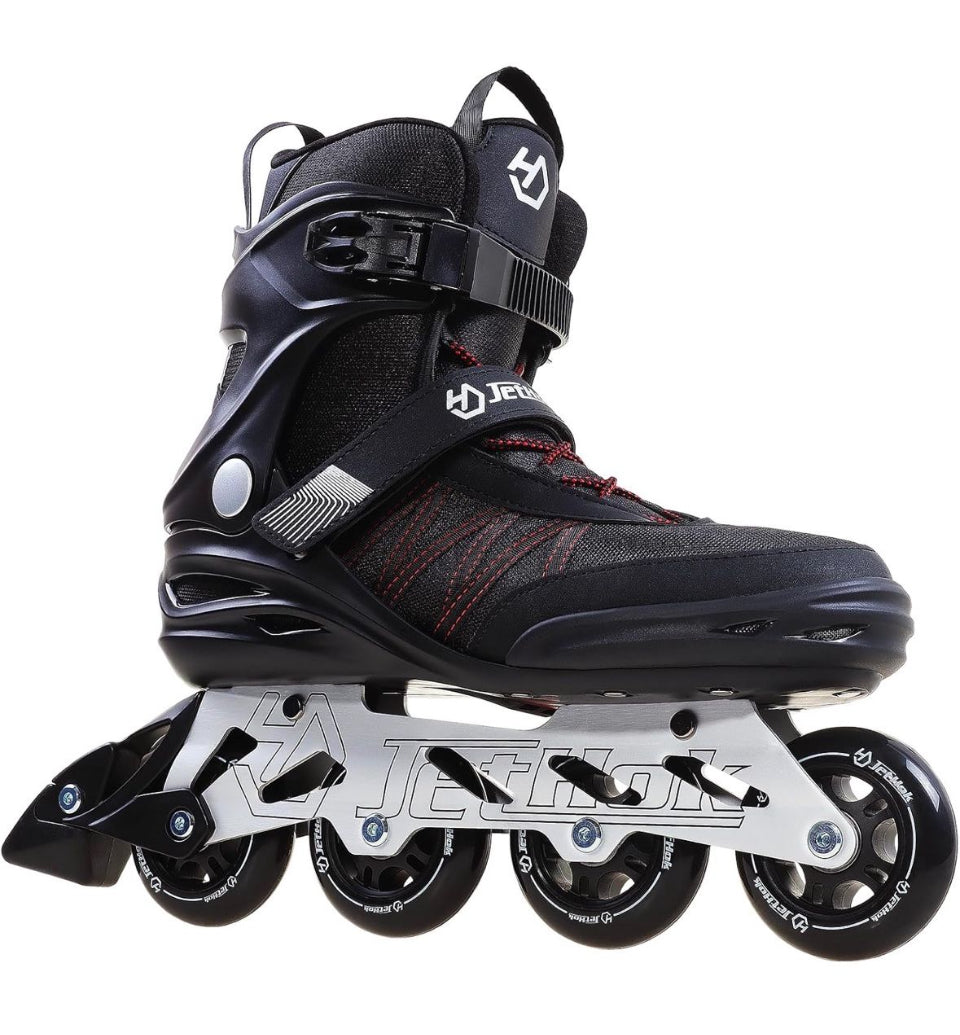 JetHok Fitness Inline Skate with aluminum frame, black and red design, size 7-11, featuring durable 85A PU wheels and breathable padded liner for smooth outdoor skating.