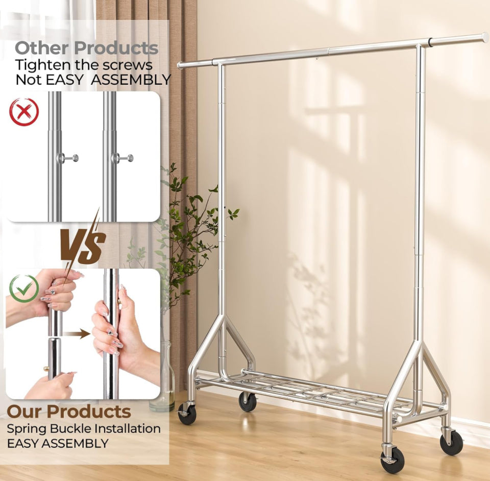 Open Box HYSEYY Heavy Duty Clothes Rack Load 450 LBS, Metal Garment Rack, Standing Rolling Clothing Rack for Hanging Clothes with Sturdy Wheels & Shel