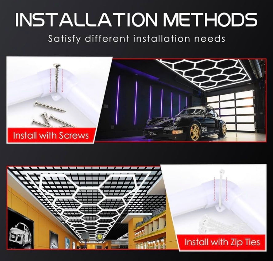 Open Box LZHOME LED Hexagon Garage Light - Super Bright 900W 108000LM Car Detailing Shop LED Ceiling Lights Hexagon Lighting System for Home Gym Garage Worksho