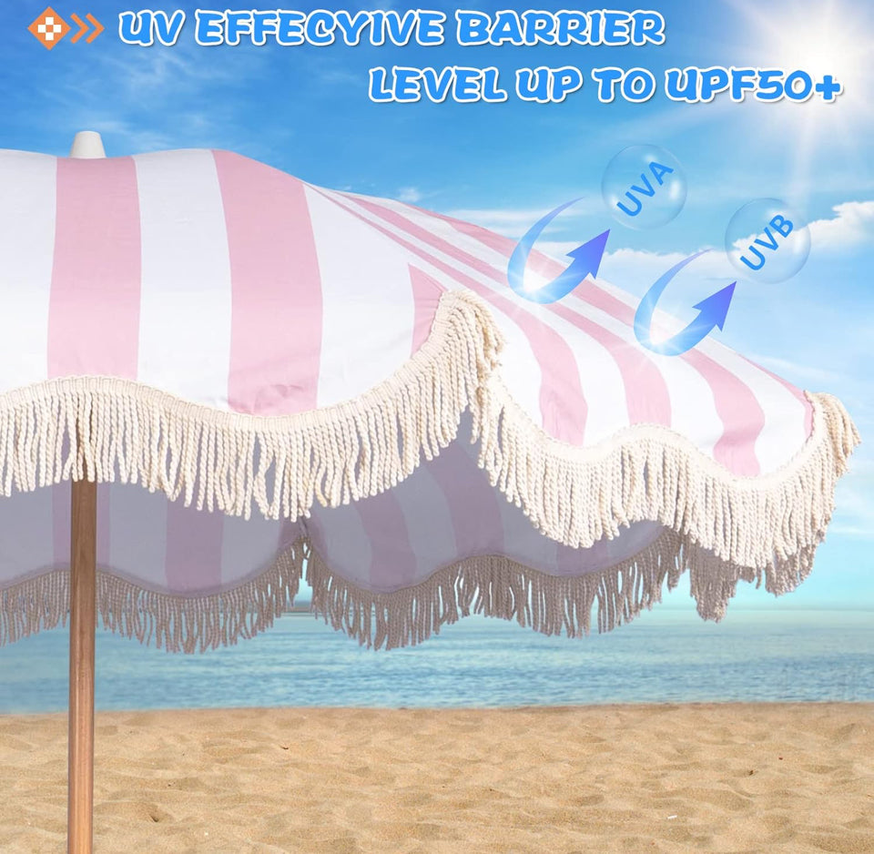 Open Box Funsite 6.5ft Boho Beach Umbrella with Fringe, UPF 50+ Tassel Umbrellas with Carry Bag, Premium Wood Pole Foldable Patio Umbrella for Outdoor