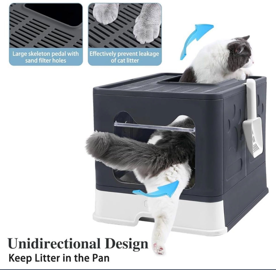 Bolux Foldable Cat Litter Box with Lid, Extra Large, Drawer Type Cat Litter Pan Easy to Scoop & Low Tracking (Dark Grey, 20" L x 16" W x 15" H)