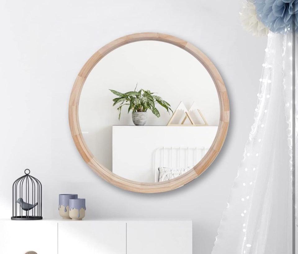 Open Box CONGUILIAO Round Mirror, 24 Inches Wood Mirror, Wall Mirror Decorative Circle Mirror, Nature Big Bathroom Large Vanity Mirror Farmhouse Mirror for Liv