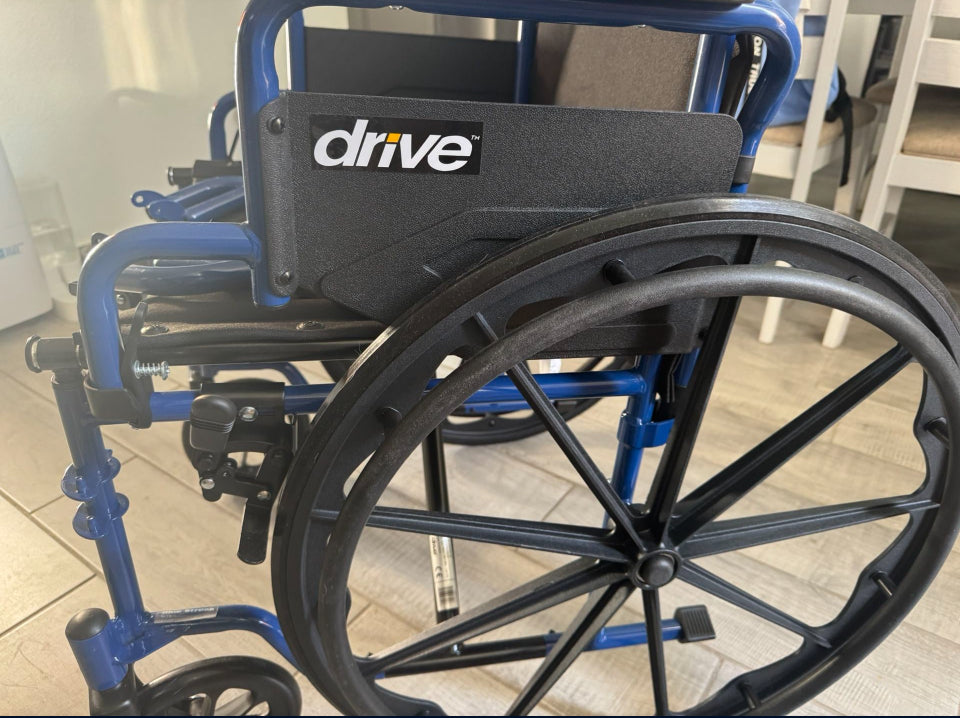 Open box new Drive Medical Blue Streak Wheelchair with Flip Back Desk Arms, Swing Away Footrests,FoldingDesk Length Arms, Alloy Steel, 20 Inch Seat