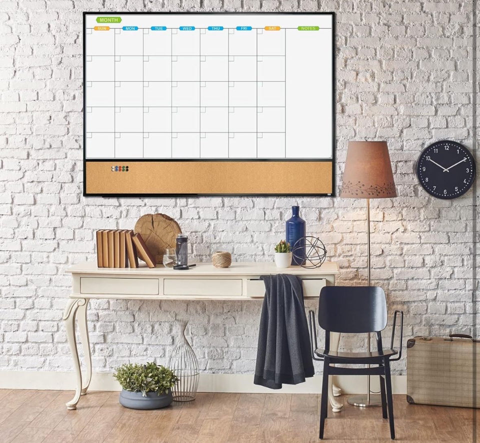 JILoffice Magnetic Calendar Whiteboard & Bulletin Corkboard Combination, Combo Board 48 × 36 Inch, Black Aluminum Frame Wall Mounted Board for Office Home and School with 10 Push Pins