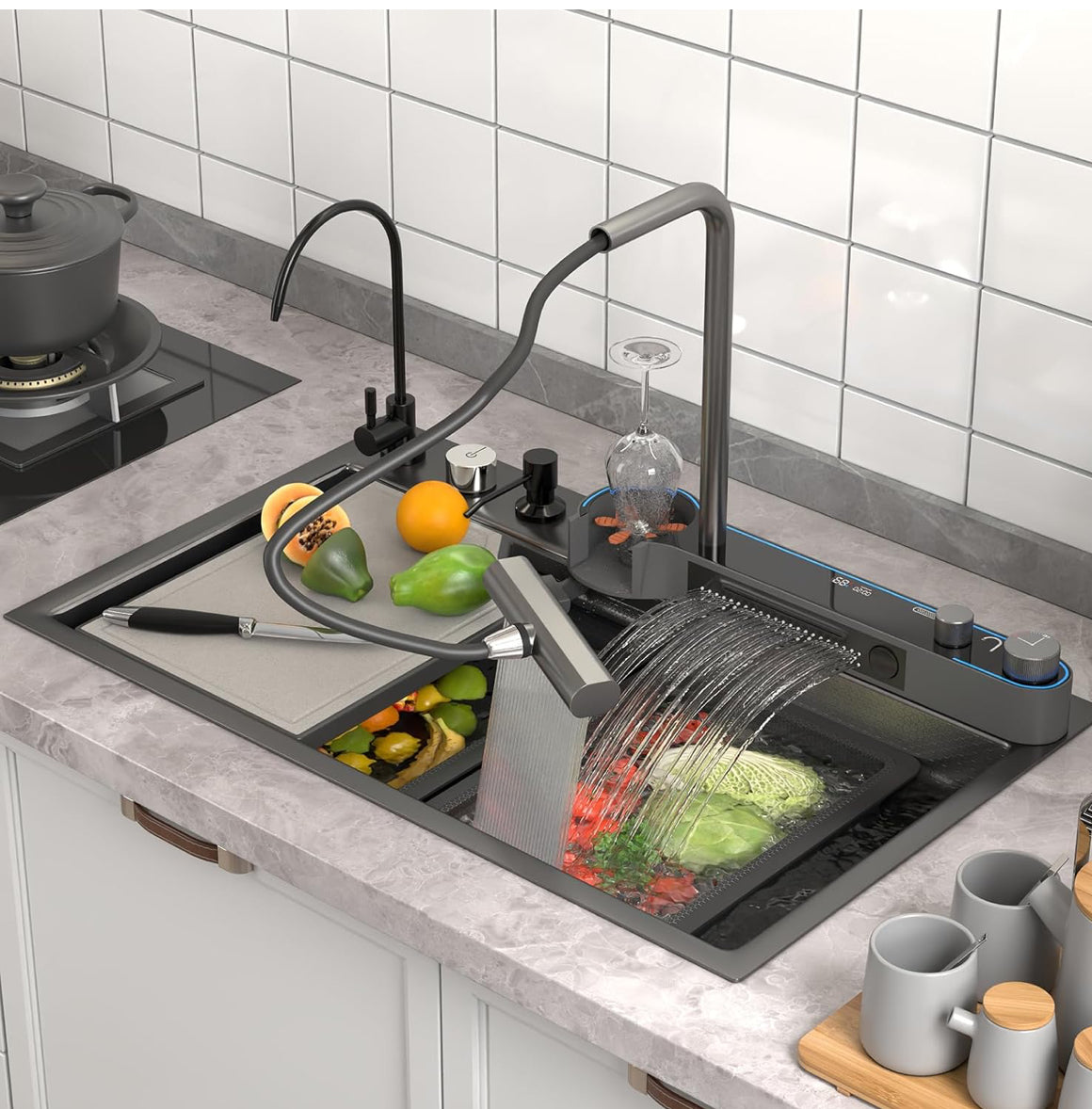 Modern Kitchen Sink Honeycomb Embossed Large Single Bowl Sink,With Digital Pullout Faucet,Cup Wash,Purifying Faucet,Soap Dispenser,Multi-Function Sink (29.5 x 18.1 inch)