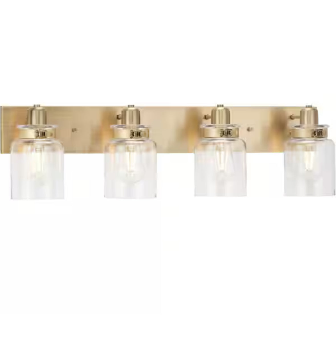 Progress Lighting Calhoun Collection 4-light gold vintage brass bathroom vanity light with clear glass shades.