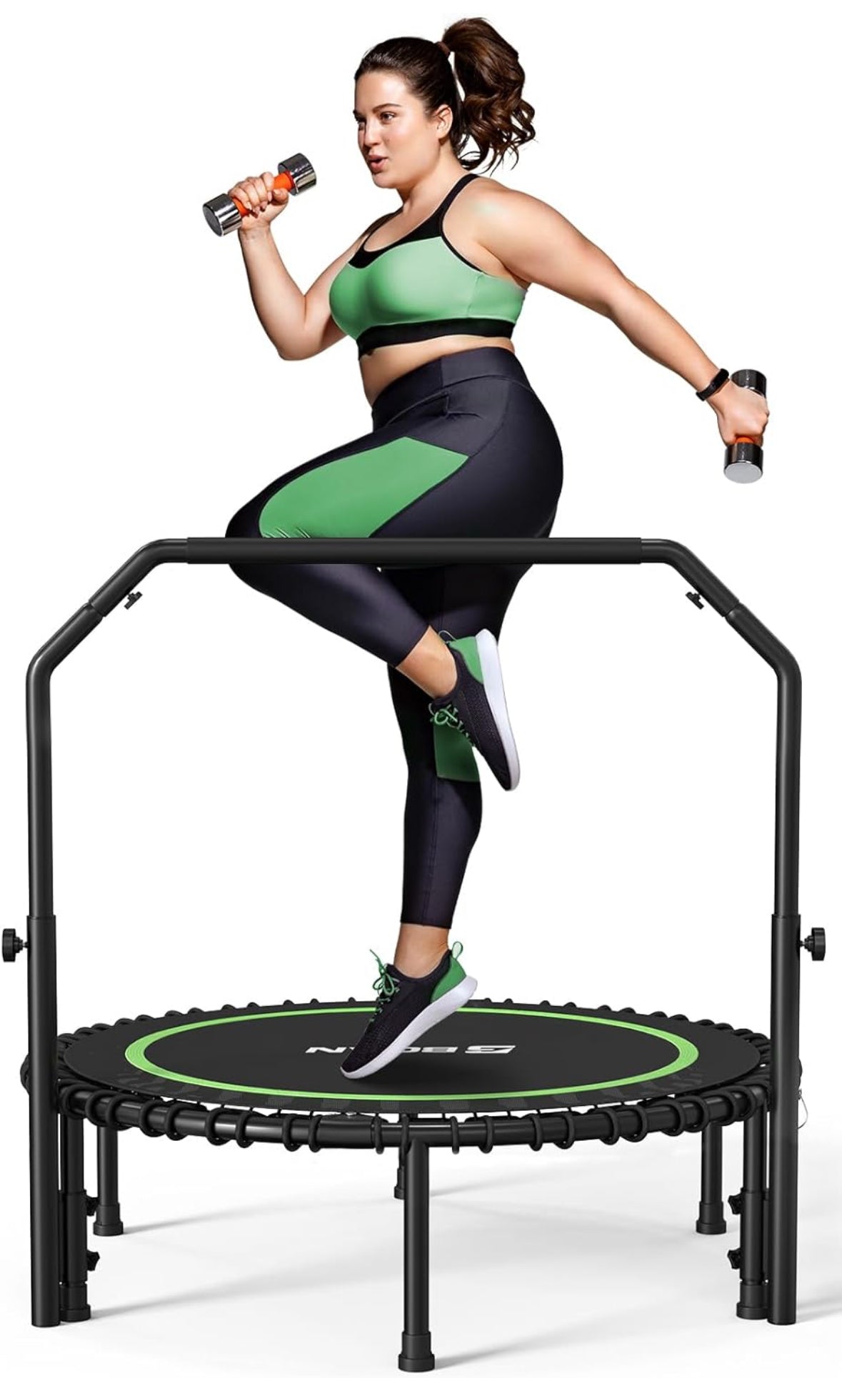 Woman exercising on a BCAN foldable mini trampoline with adjustable foam handle and dumbbells