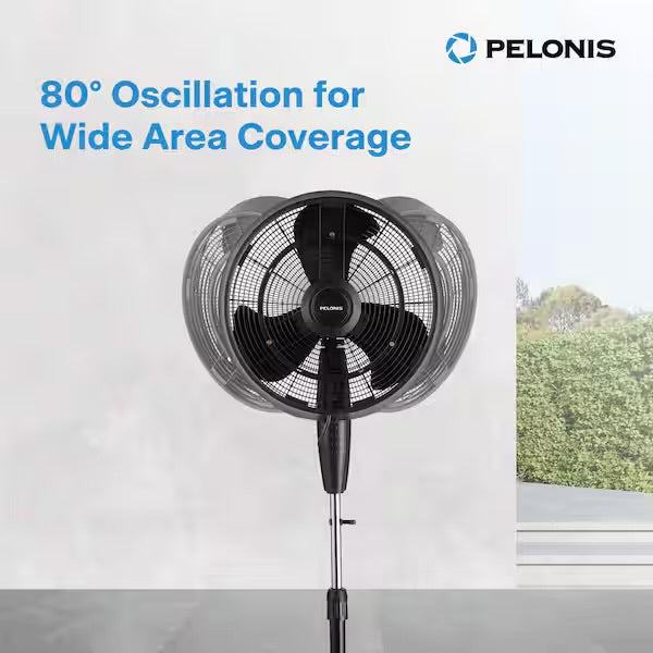 Open Box Pelonis 18 in. 3 Speeds Outdoor Misting Pedestal Fan in Black with 80° Oscillation 1600 CFM for up to 500 sq. ft